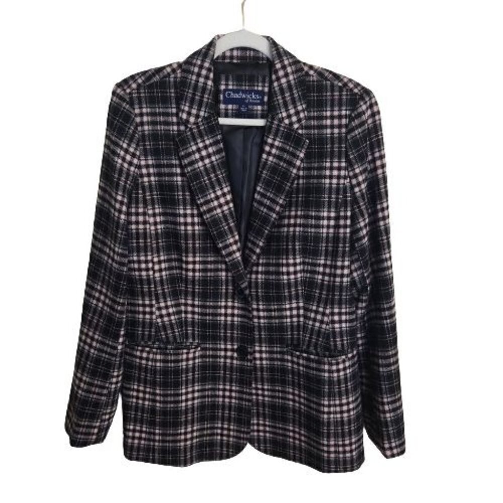 Chadwicks Of Boston Pink Black Plaid Wool Blend Dark Academia Blazer Size 10T - Picture 1 of 8